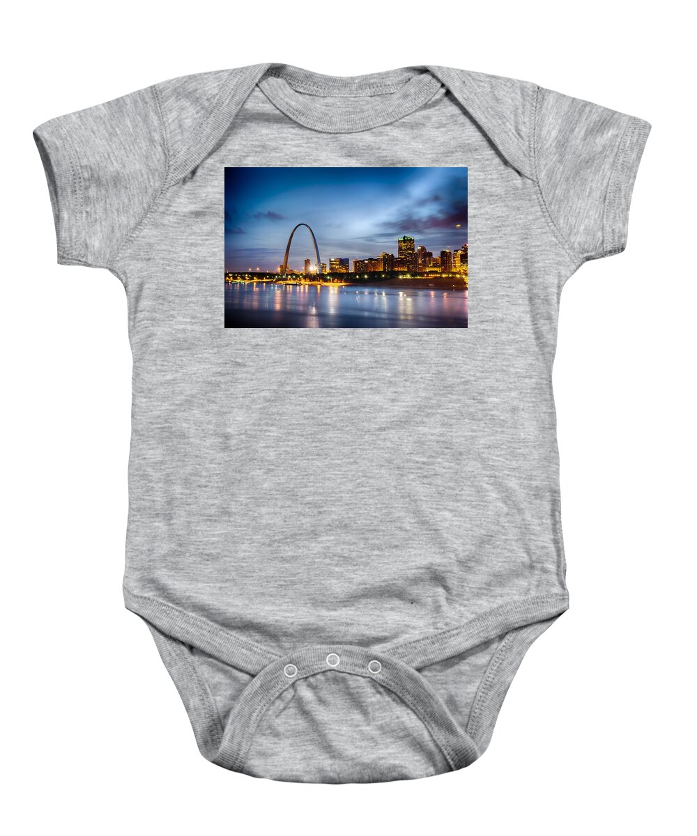 Missouri Baby Onesie featuring the photograph City of St. Louis skyline. Image of St. Louis downtown with Gate #2 by Alex Grichenko