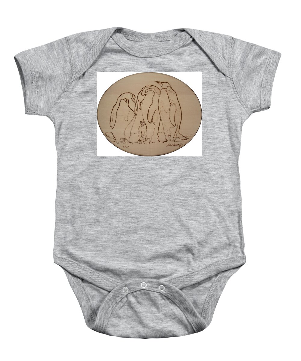 Pyrography Baby Onesie featuring the pyrography Emperor Penguins by Sean Connolly