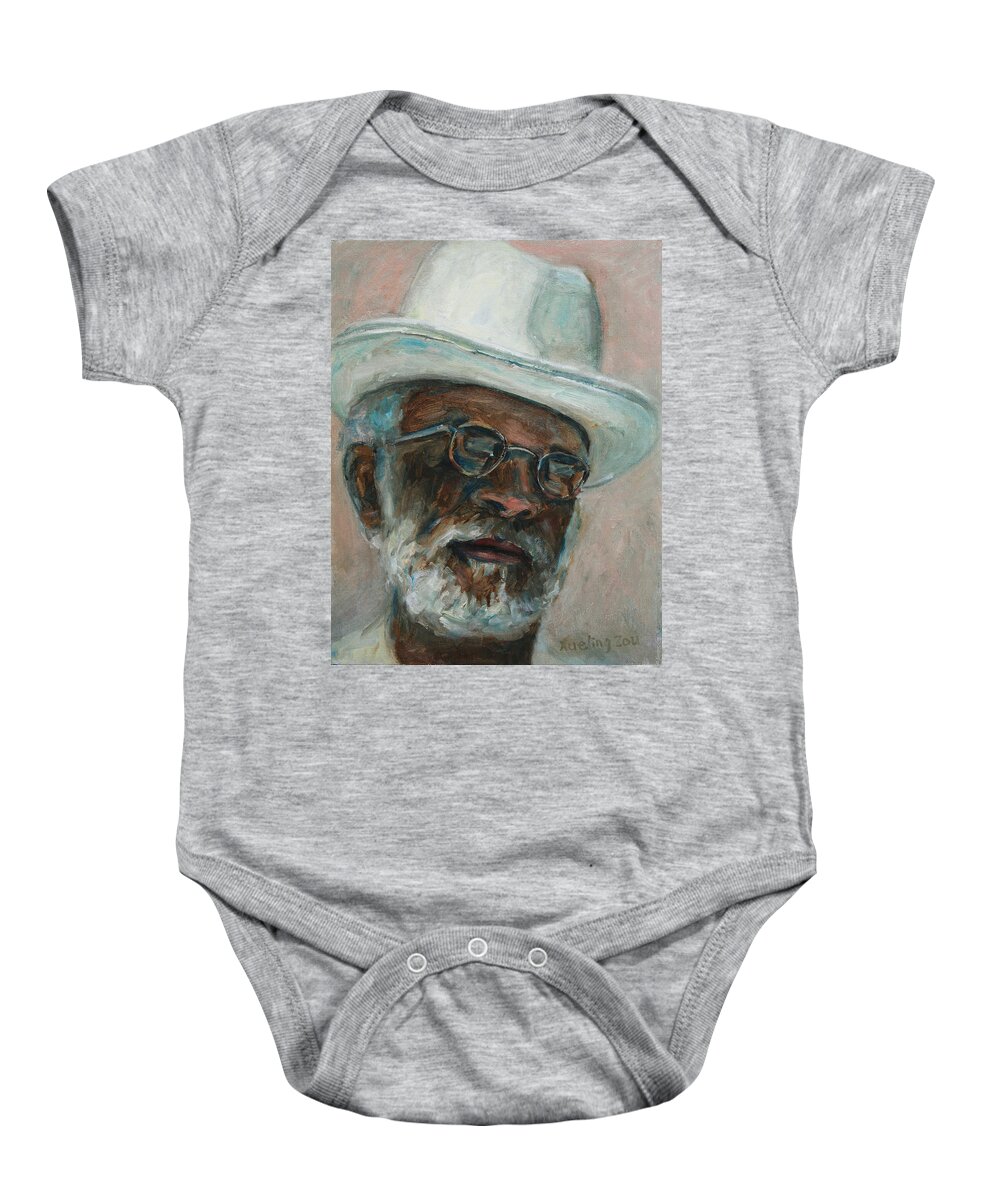 African American Baby Onesie featuring the painting Gray Beard Under White Hat by Xueling Zou