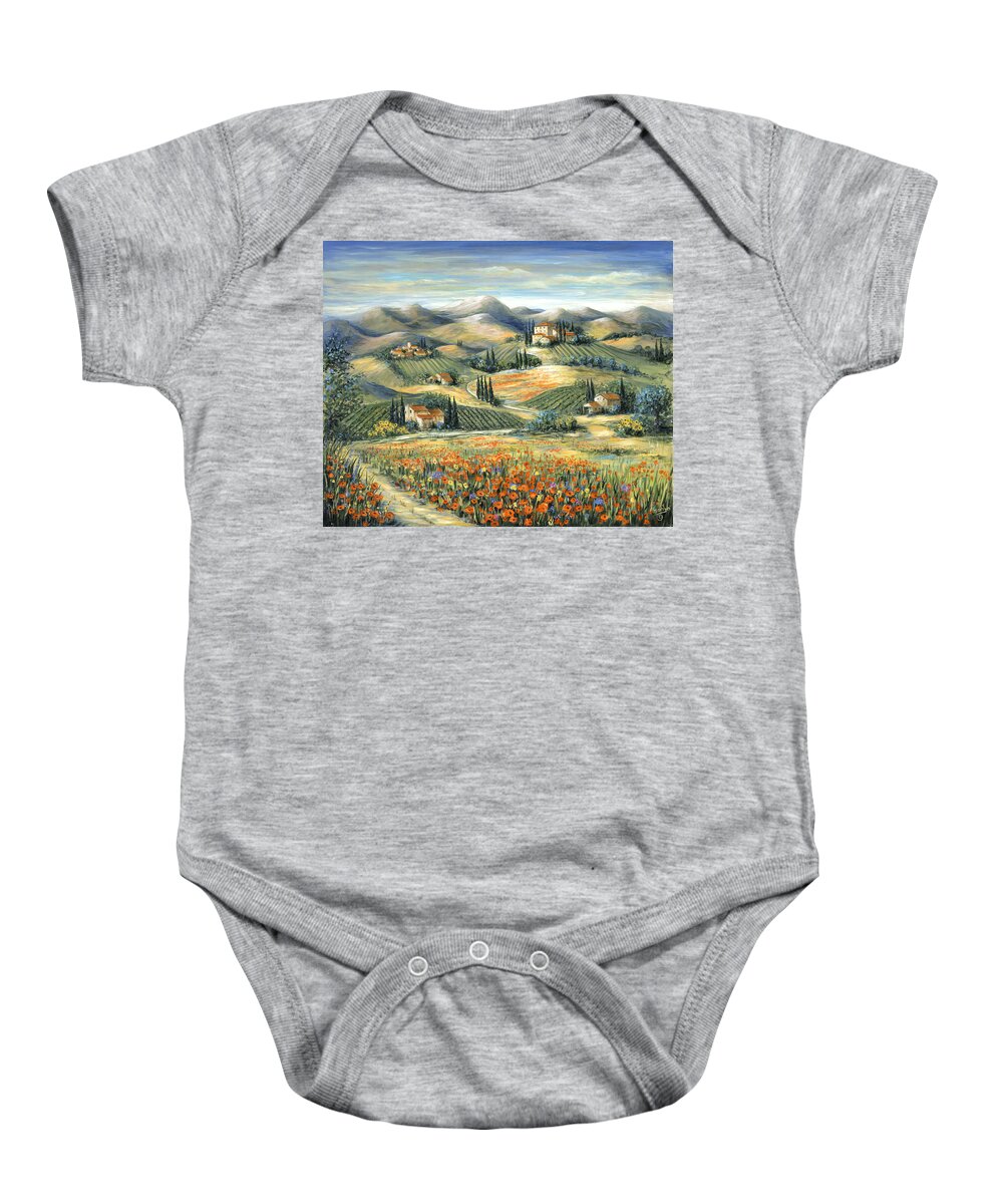 Tuscany Baby Onesie featuring the painting Tuscan Villa and Poppies by Marilyn Dunlap