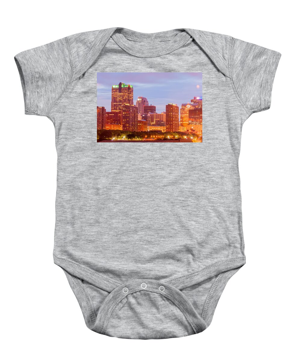 Missouri Baby Onesie featuring the photograph City of St. Louis skyline. Image of St. Louis downtown with Gate #4 by Alex Grichenko