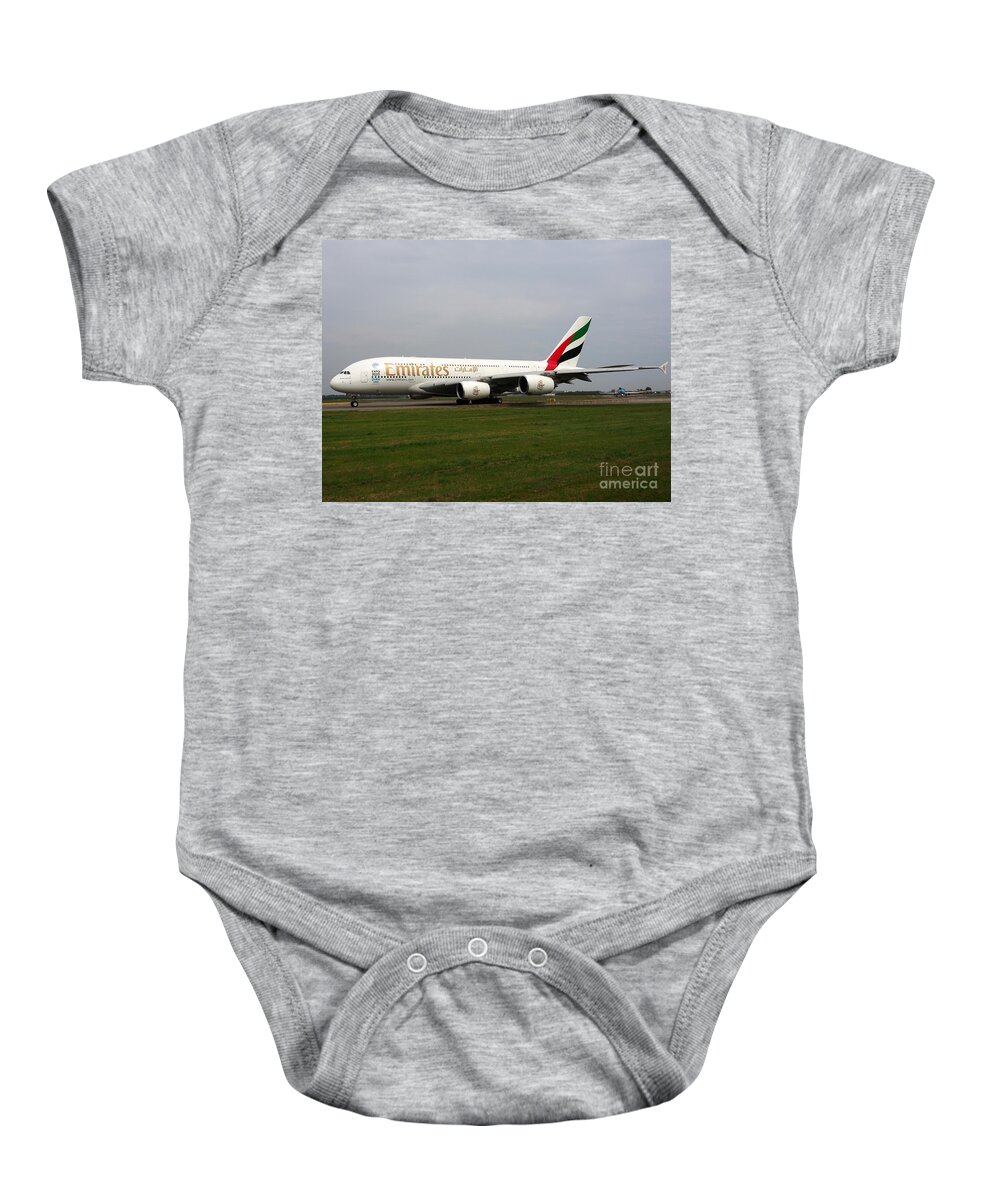 737 Baby Onesie featuring the photograph Emirates Airbus A380 #4 by Paul Fearn