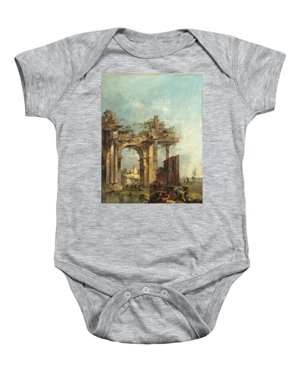 Francesco Guardi Baby Onesie featuring the painting A Caprice with Ruins on the Seashore by Francesco Guardi