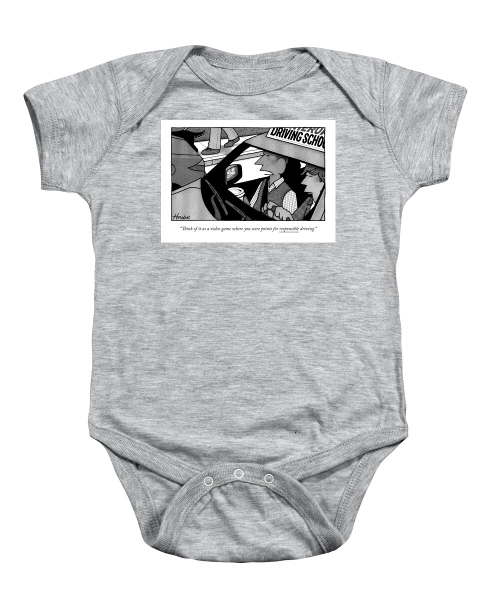 Video Game Baby Onesie featuring the drawing A Driver's Ed Teacher Speaks To His Student by William Haefeli