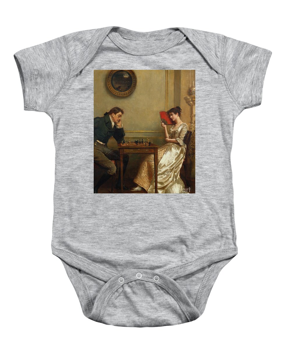 Fan; Mirror; Buckled Shoe; Parquet Floor; Society; Couple; Lovers; Flirtation; Flirting Baby Onesie featuring the painting A Game of Chess by George Kilburne