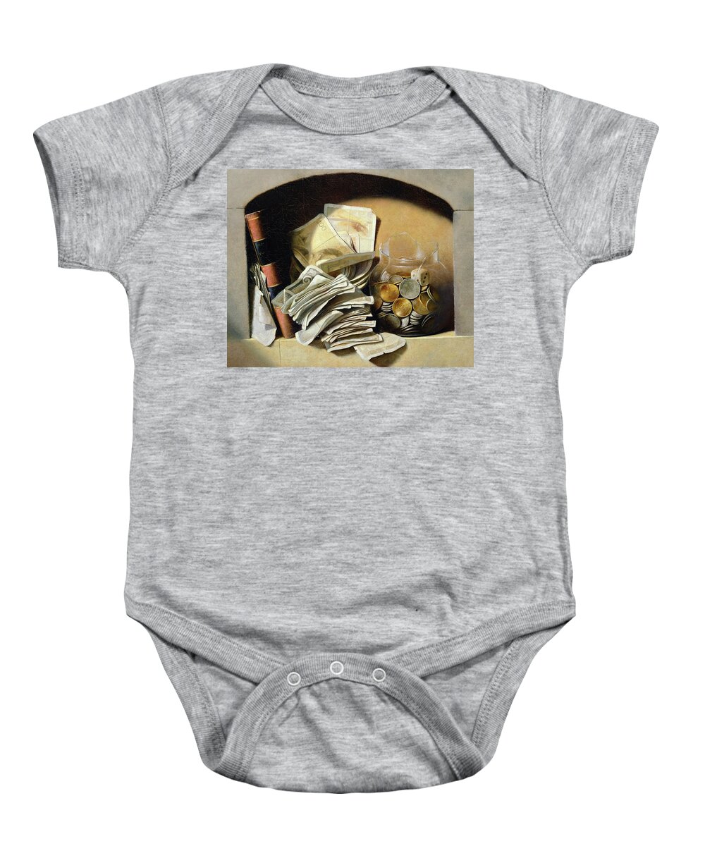 Still-life Baby Onesie featuring the painting A trompe loeil of paper money coins by French School