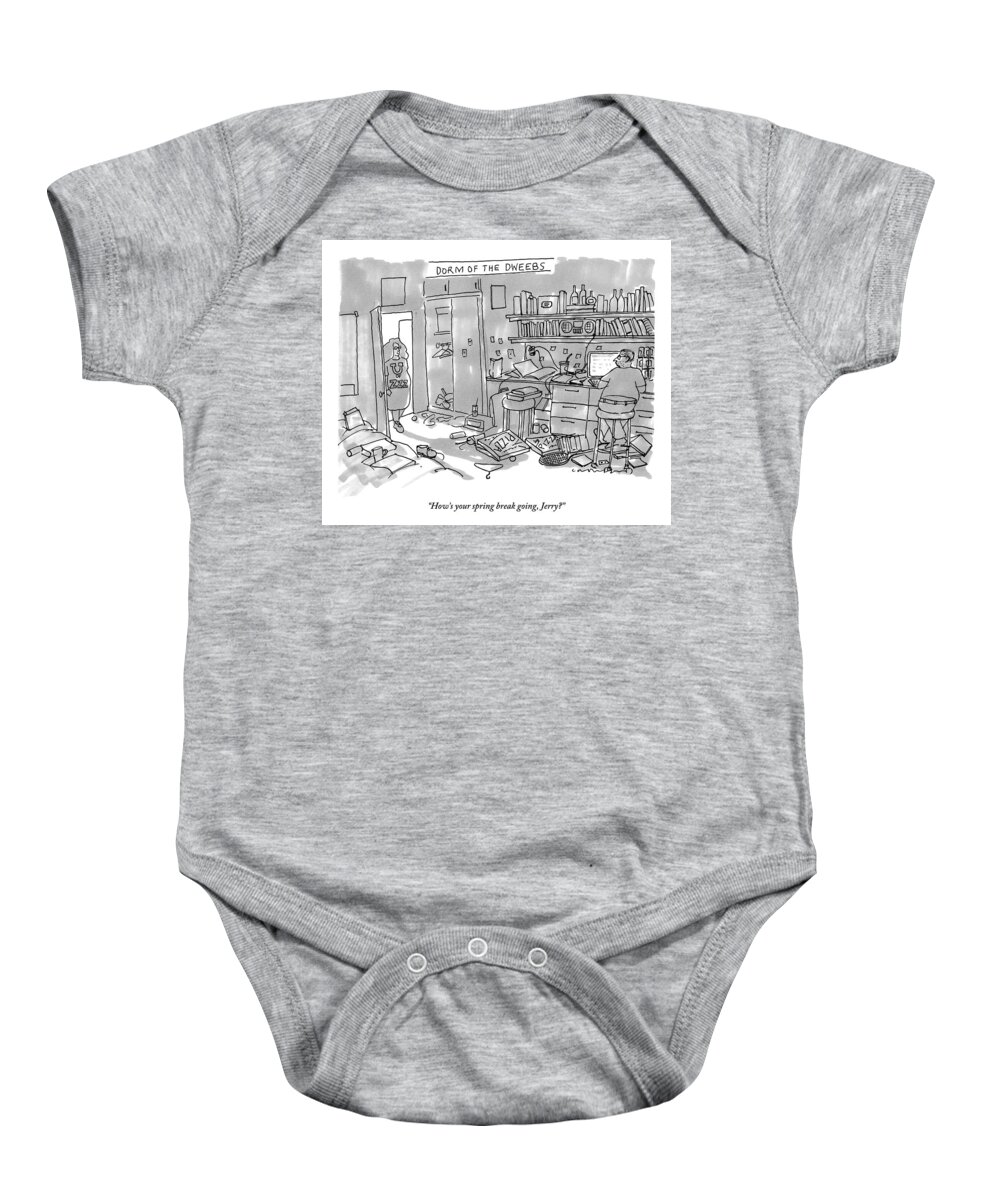 College Students Baby Onesie featuring the drawing A Woman Is Seen Walking Into A Messy Room Talking by Michael Crawford