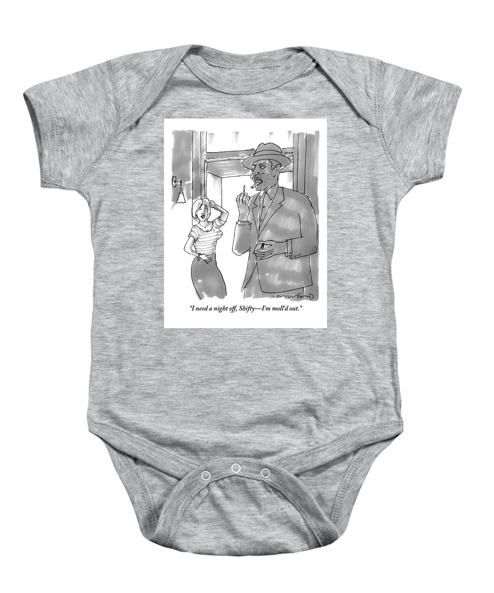 Moll Baby Onesie featuring the drawing A Woman Speaks To A Gangster In A Suit And Hat by Michael Crawford