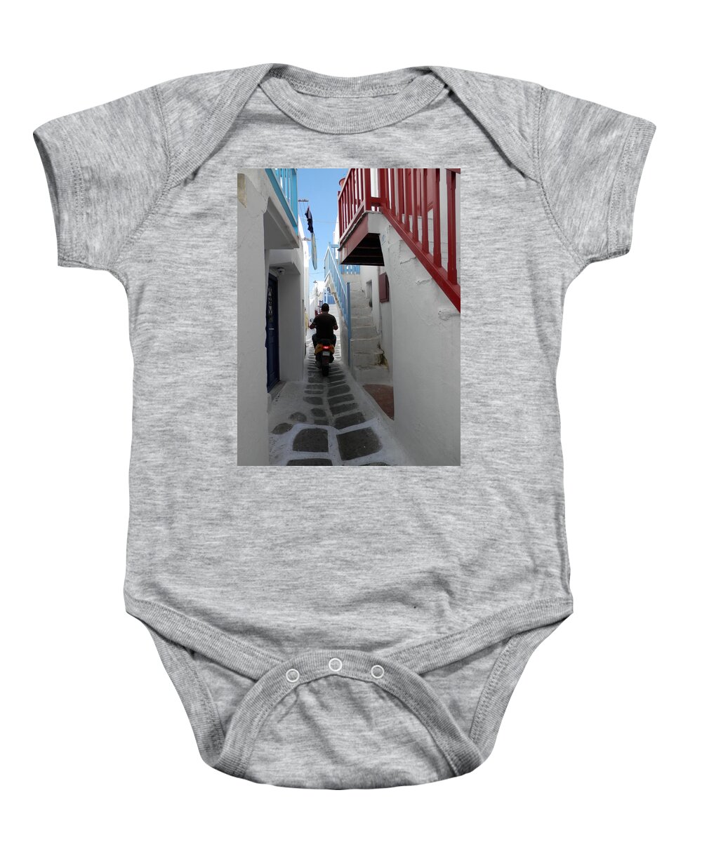 Alley Way Baby Onesie featuring the photograph Alley Way in Mykonos by Pema Hou