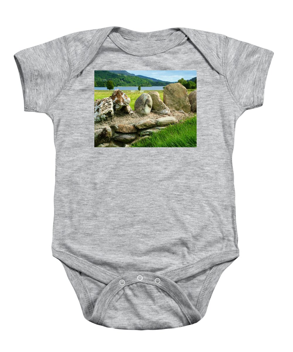 Stone Wall Baby Onesie featuring the photograph Ancient Stone Wall At Loch Achray by Joan-Violet Stretch