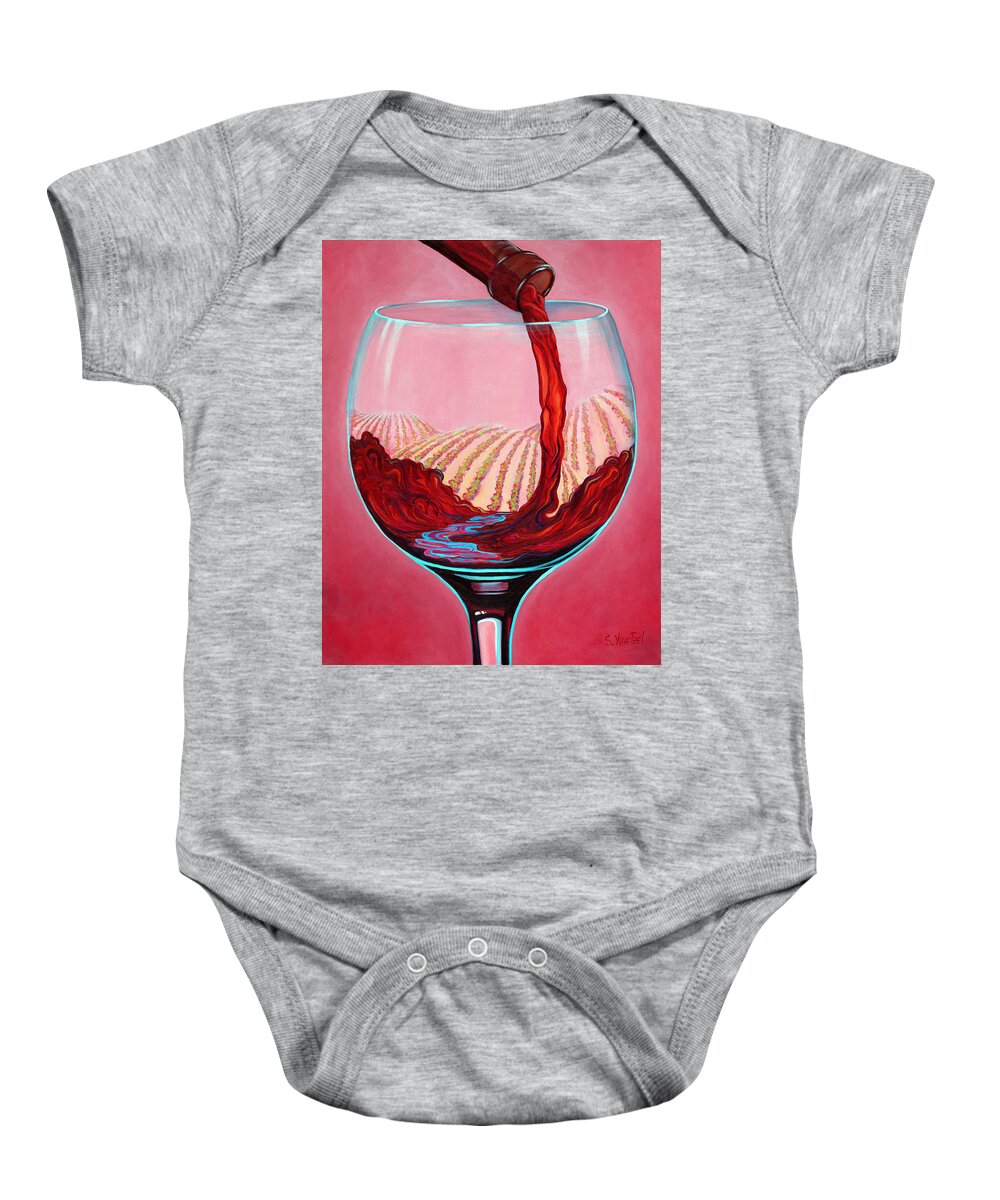 Red Wine Pour Baby Onesie featuring the painting ...and Let There Be Wine by Sandi Whetzel