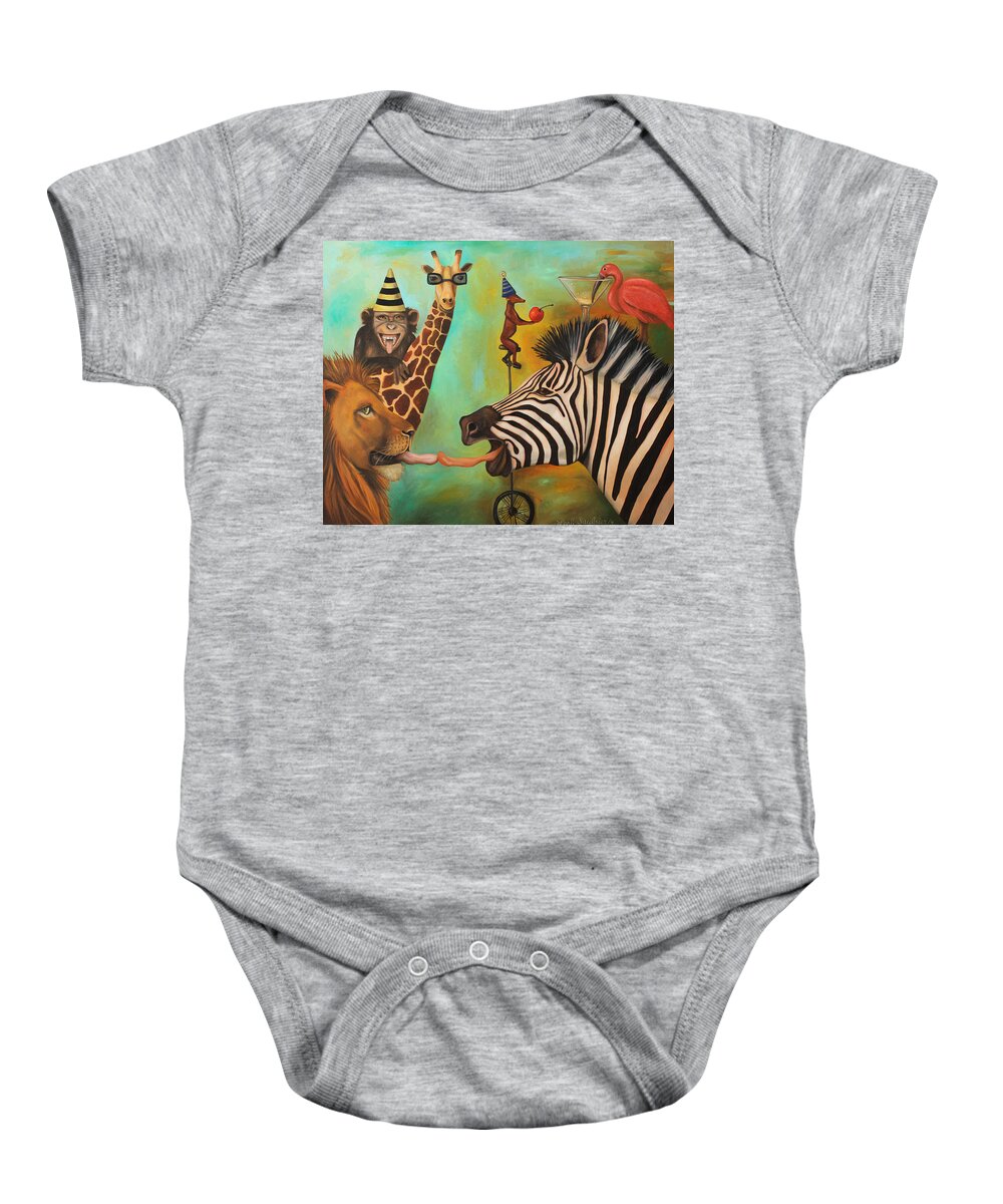 Chimp Baby Onesie featuring the painting Animals Gone Wild by Leah Saulnier The Painting Maniac