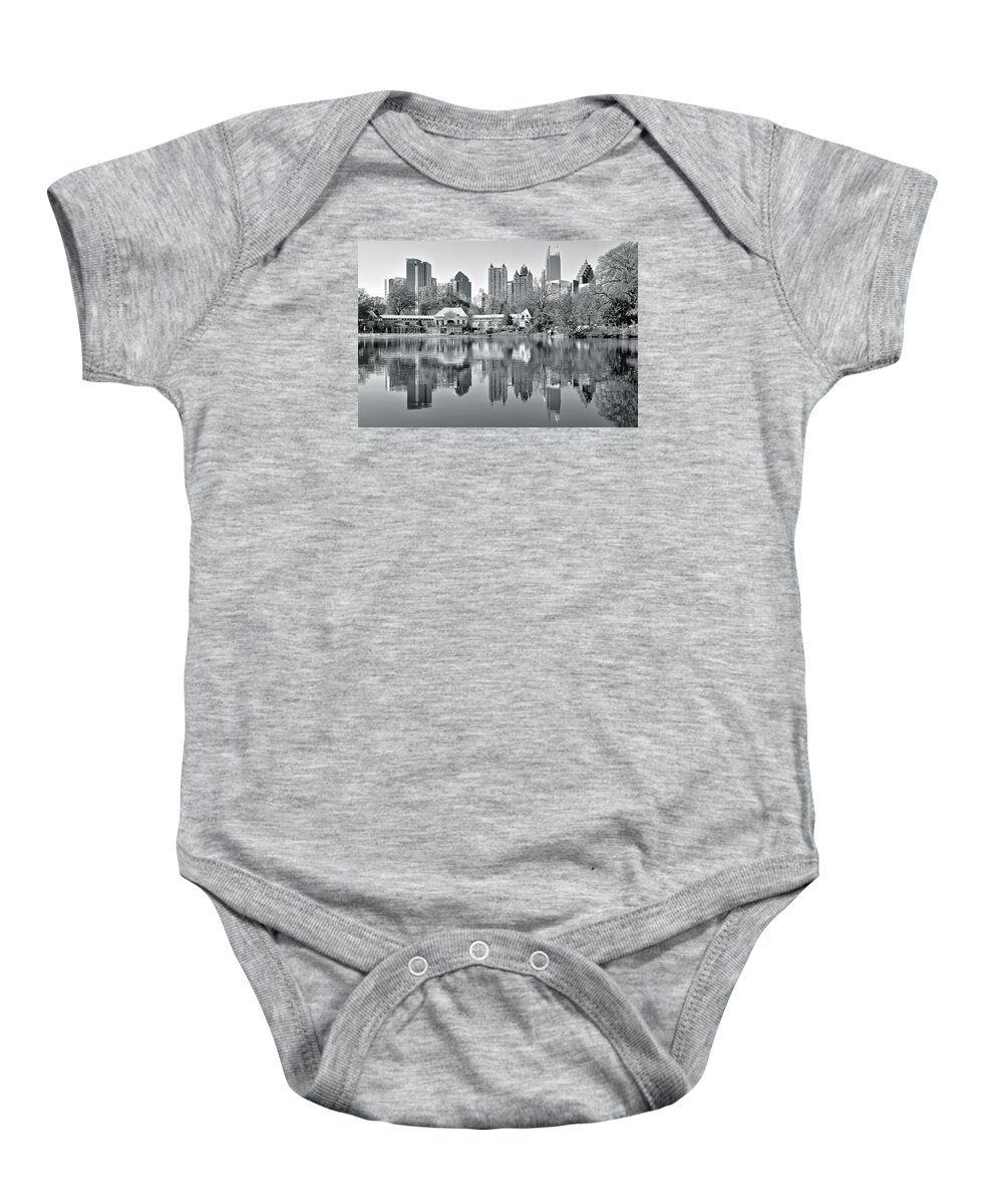 Atlanta Baby Onesie featuring the photograph Atlanta Reflecting in Black and White by Frozen in Time Fine Art Photography