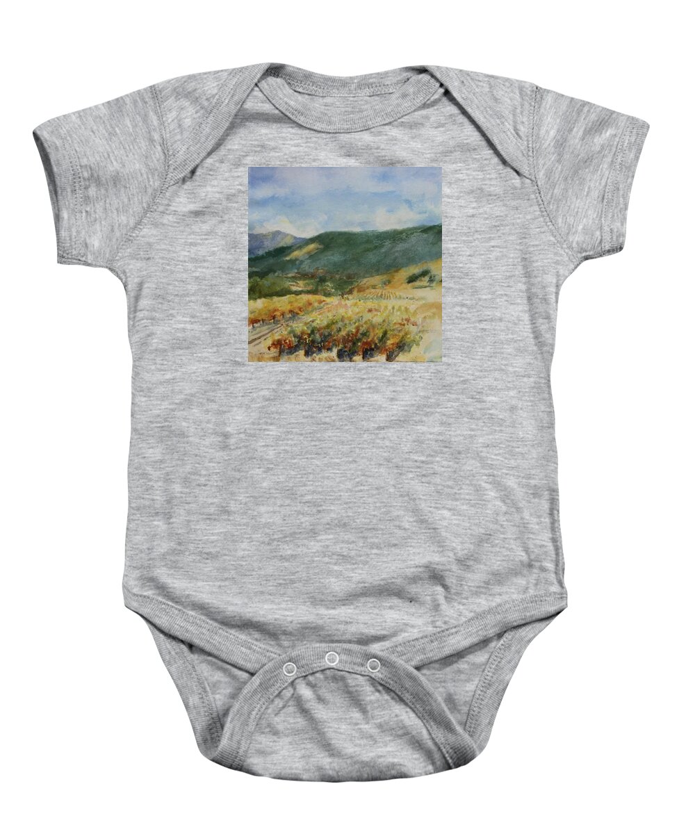 Autumn In The Vineyards Baby Onesie featuring the painting Harvest Time In Napa Valley by Maria Hunt