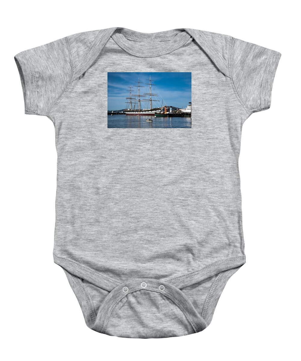 Tall Ship Baby Onesie featuring the photograph Rowing past Balclutha and Steamship Eppleton Hall by David Smith