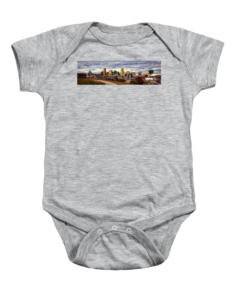 Baltimore Inner Harbor Baby Onesie featuring the photograph Baltimore Inner Harbor Skyline Panorama by Bill Swartwout