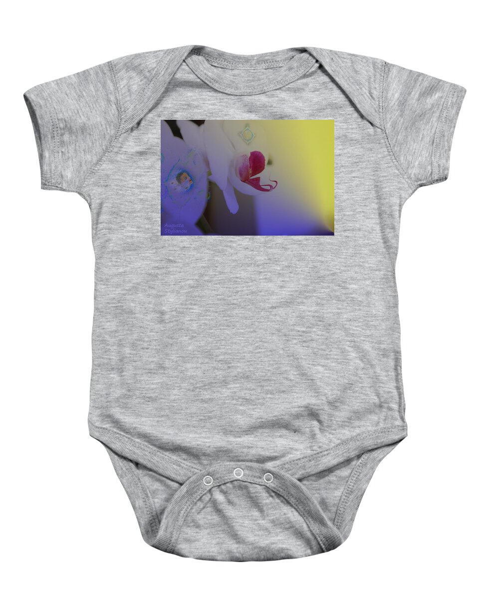 Augusta Stylianou Baby Onesie featuring the digital art Barack Obama in Coulourful Flower by Augusta Stylianou