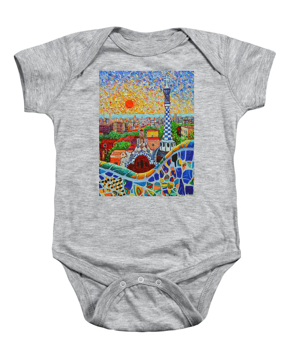 Barcelona Baby Onesie featuring the painting Barcelona Sunrise - Guell Park - Gaudi Tower by Ana Maria Edulescu