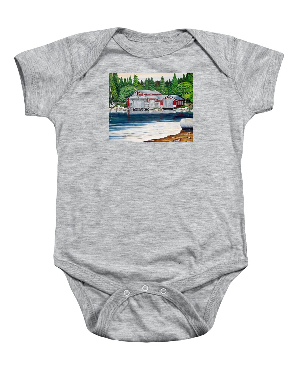Barkhouse Baby Onesie featuring the painting Barkhouse Boatshed by Marilyn McNish