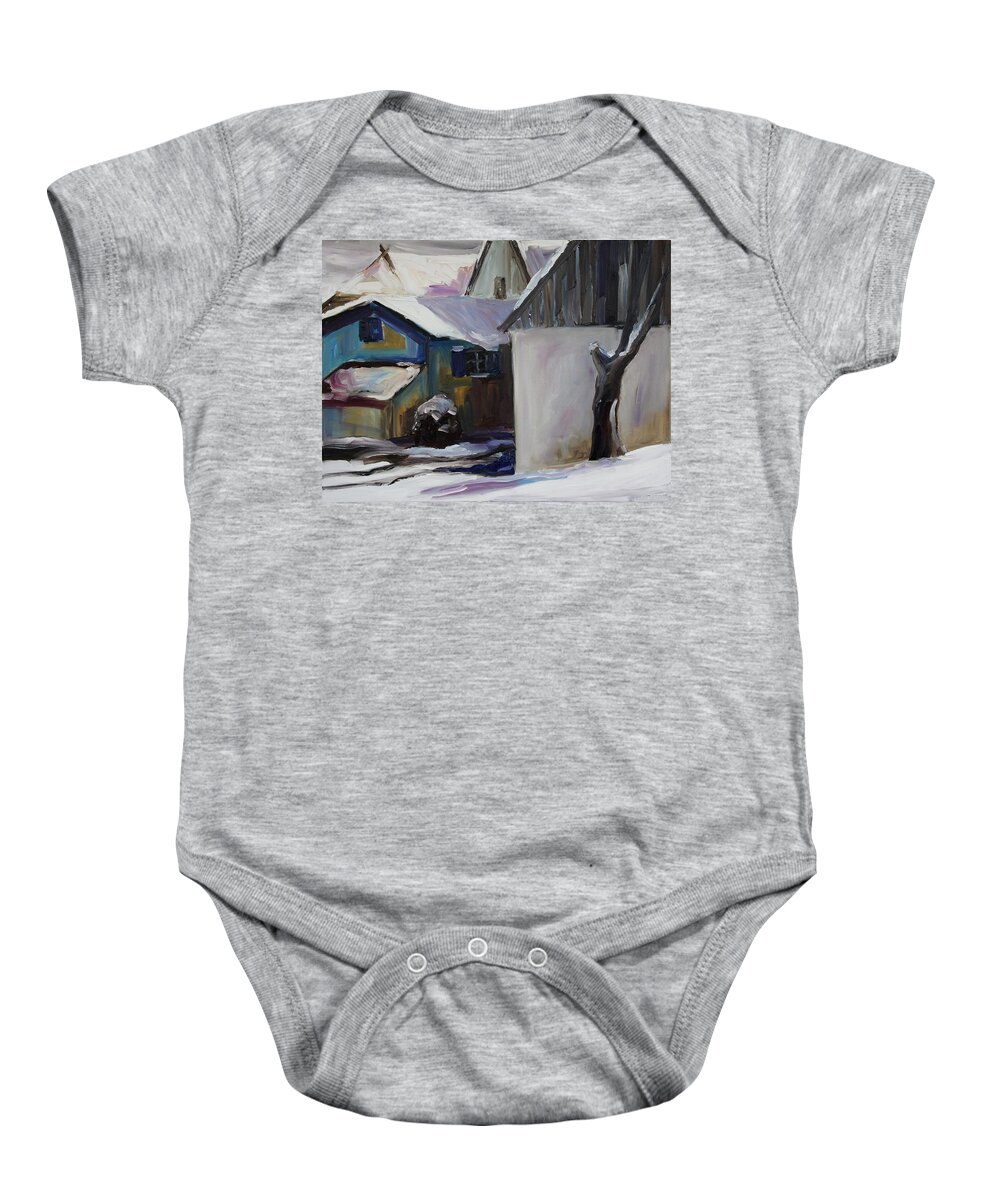 Winter Baby Onesie featuring the painting Barnstable With Blue Shutters In Winter by Barbara Pommerenke