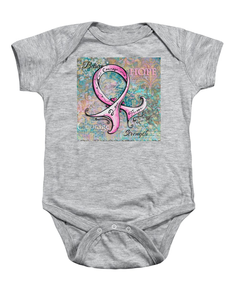 Pink Baby Onesie featuring the painting Beautiful Inspirational Elegant Pink Ribbon Design Art for Breast Cancer Awareness by Megan Aroon