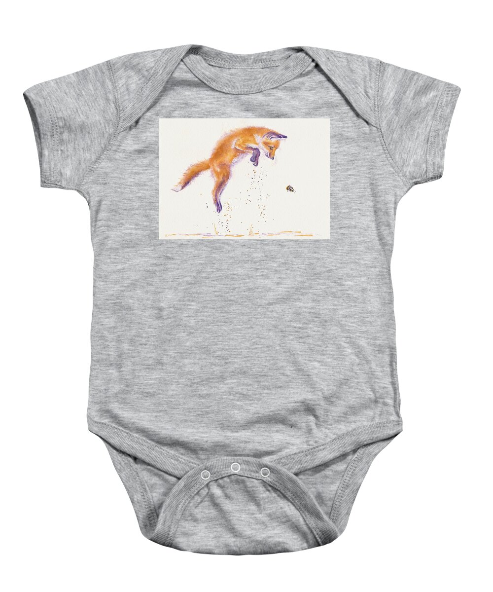Foxes Baby Onesie featuring the painting Bee Naive - Leaping Fox Cub by Debra Hall
