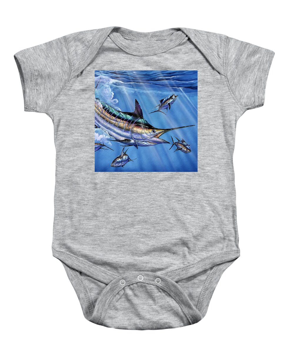 Blue Marlin Baby Onesie featuring the painting Big Blue And Tuna by Terry Fox