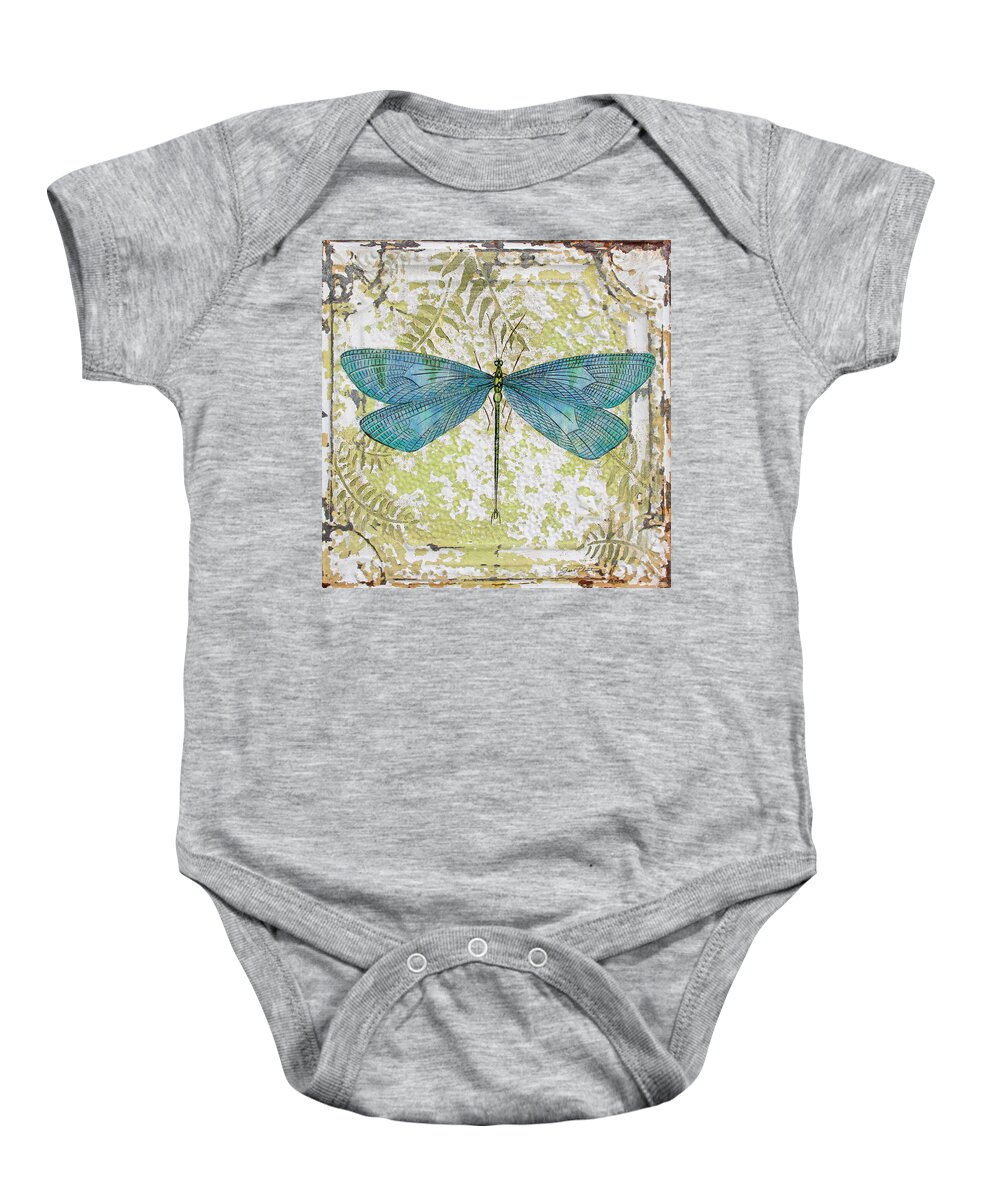 Acrylic Painting Baby Onesie featuring the painting Blue Dragonfly on Vintage Tin by Jean Plout