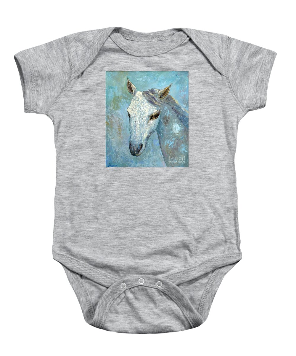 Oil Baby Onesie featuring the painting Blue Horse by Shijun Munns