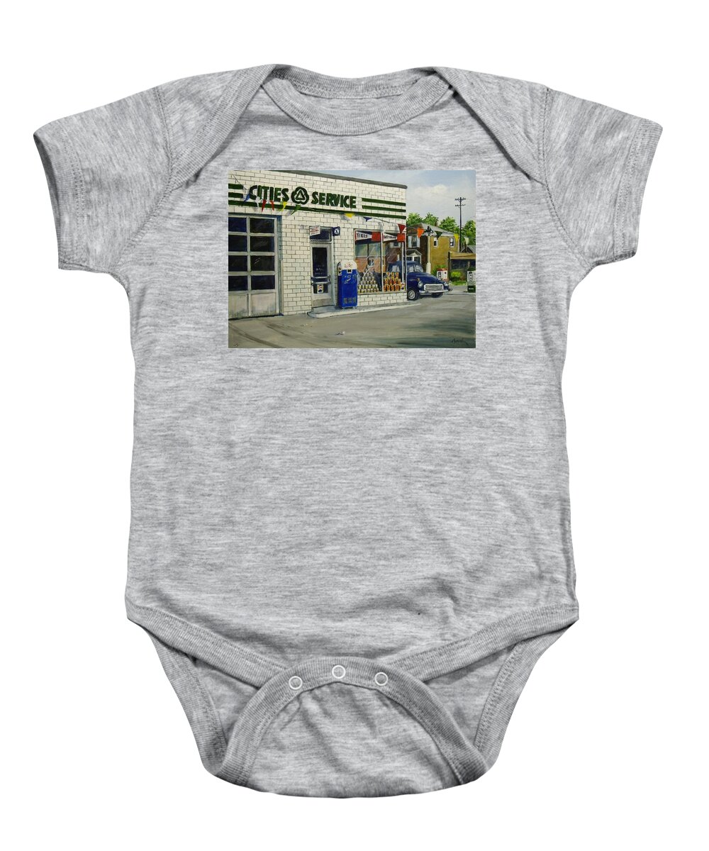 Gas Station Baby Onesie featuring the painting Bob's by William Brody