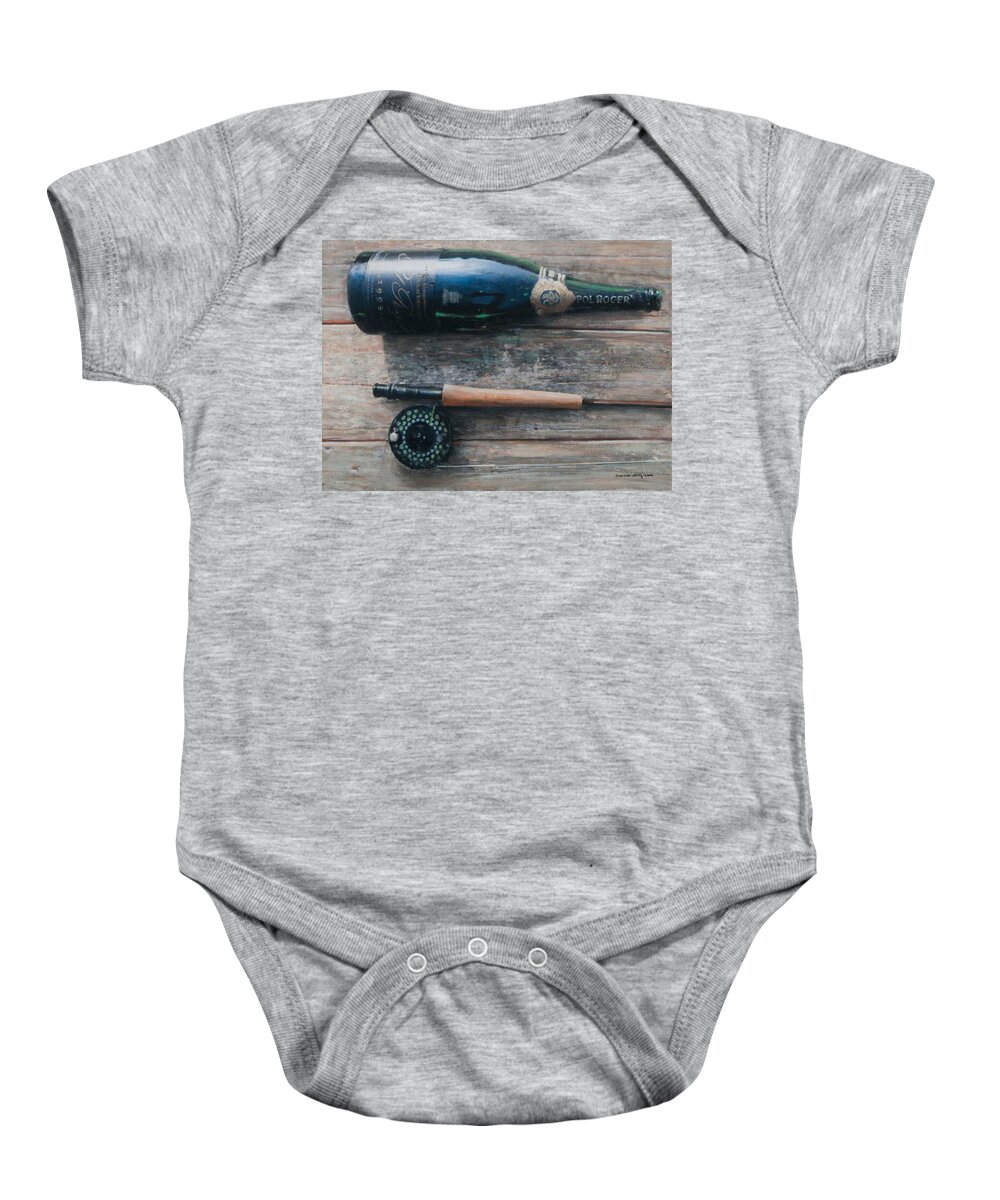 Bottle; Bottles; Champagne; Champagne Bottle; Rod; Fishing; Fishing Rod; Celebration; Planks Baby Onesie featuring the painting Bottle and Rod I by Lincoln Seligman