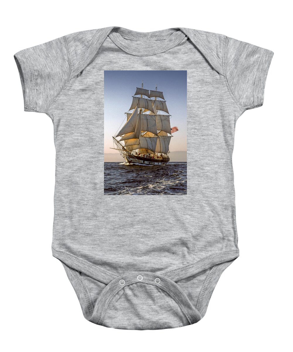 Ship Baby Onesie featuring the photograph Brig Pilgrim off Santa Barbara by Cliff Wassmann