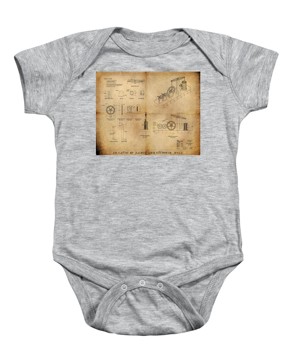 Steampunk; Gears; Housing; Cogs; Machinery; Lathe; Columns; Brass; Copper; Gold; Ratio; Rotation; Elegant; Forge; Industry; Jules Verne Baby Onesie featuring the painting Butterfly Pump by James Hill