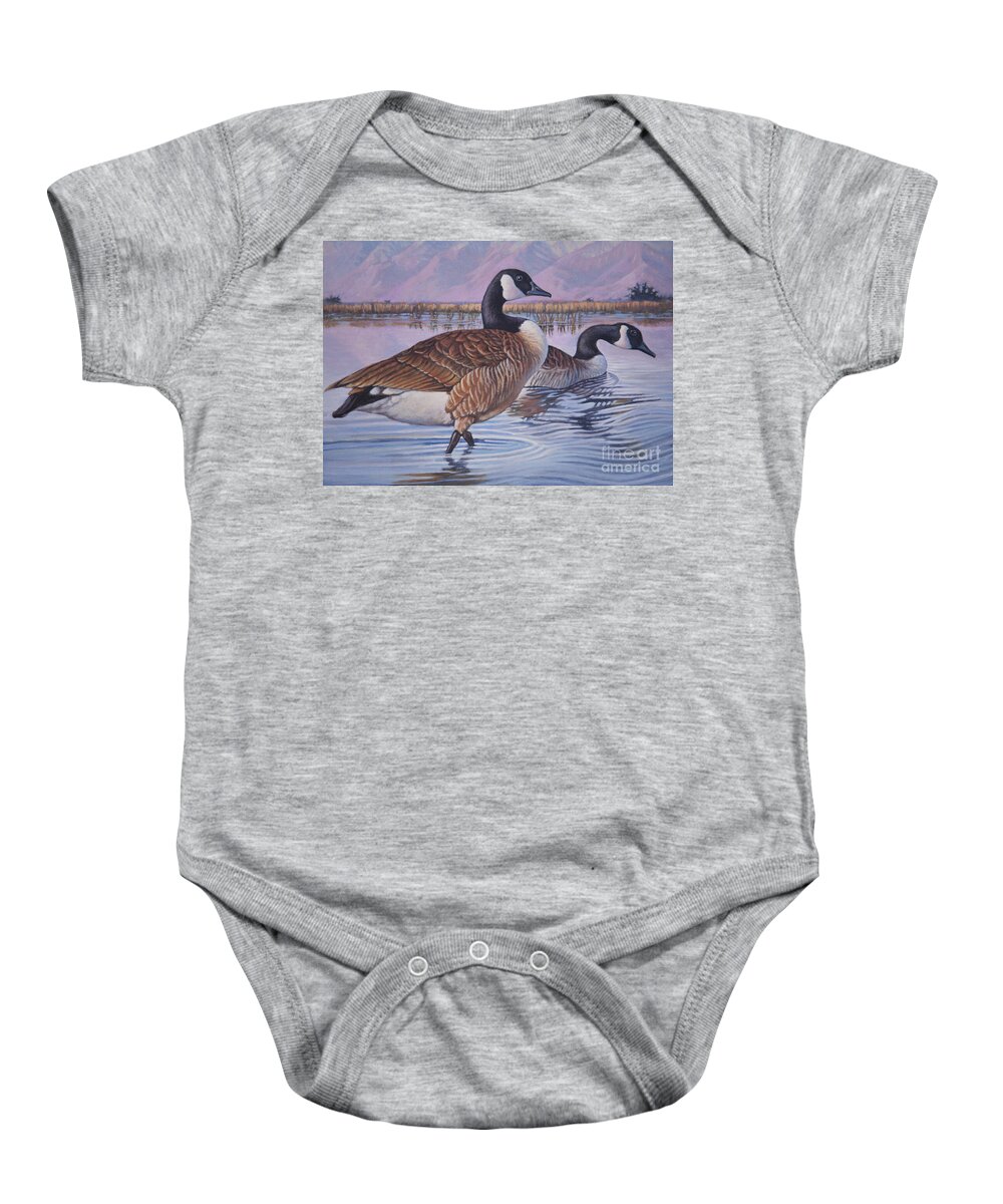 Feathers Baby Onesie featuring the painting Canadian Geese by Robert Corsetti