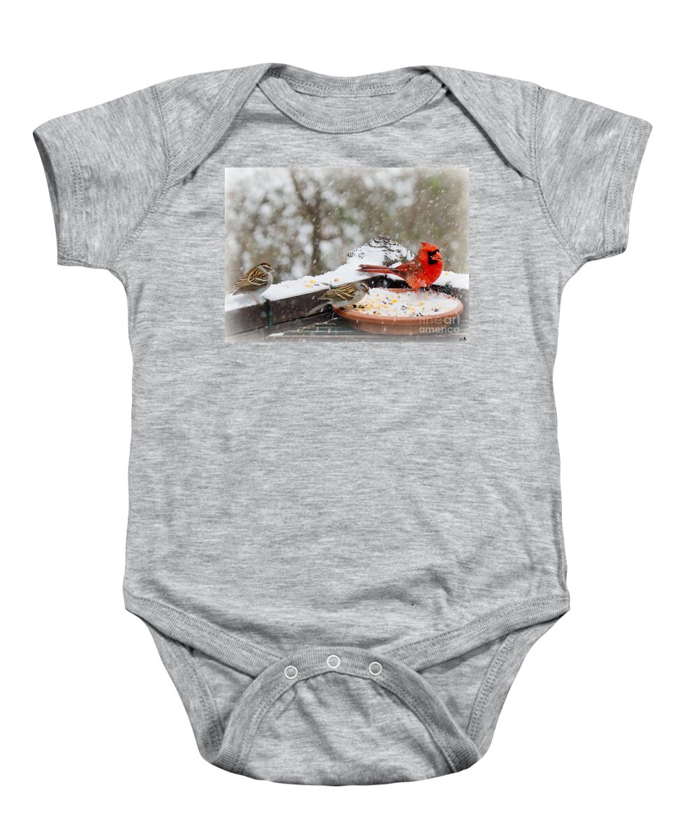 Sandra Clark Baby Onesie featuring the photograph Cardinal and Sparrows in the Snow by Sandra Clark