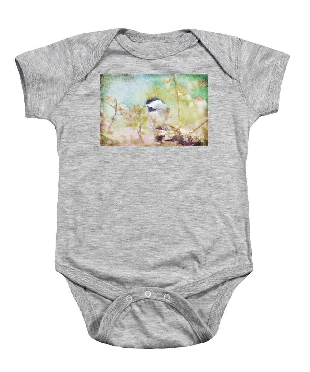 Chickadee Baby Onesie featuring the photograph Chickadee and the Hiding Caterpillar - Digital Paint 4 by Debbie Portwood