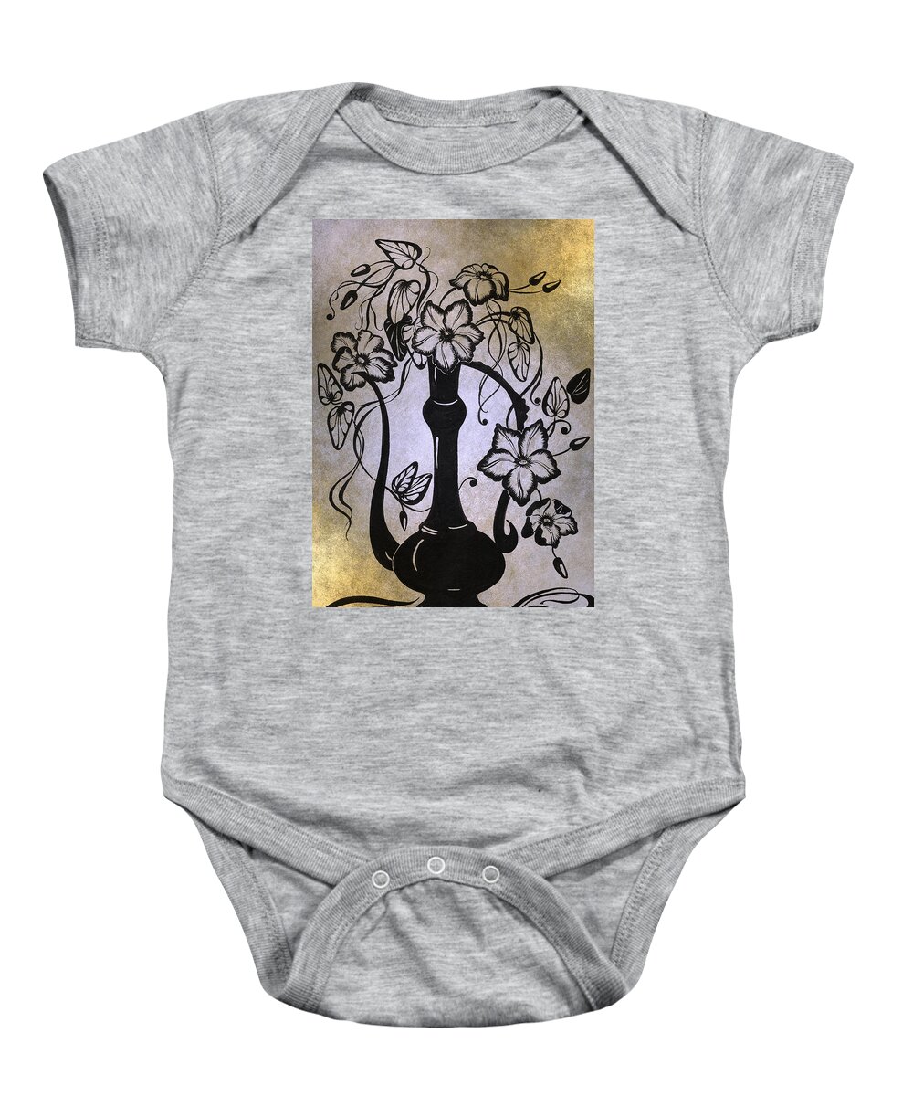 Clematis Baby Onesie featuring the drawing Clematises in Indian Pitcher. Golden by Jenny Rainbow