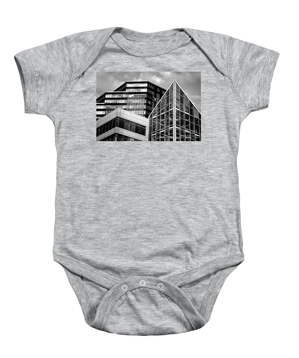 Cleveland Baby Onesie featuring the photograph Cleveland Sight - Downtown City Buildings Black White BW by Jon Holiday