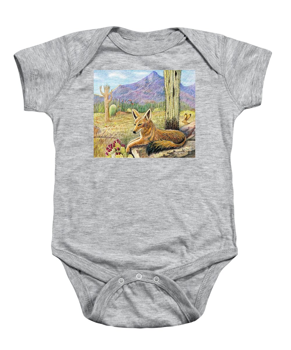 Coyote Baby Onesie featuring the drawing Come One Step Closer by Marilyn Smith