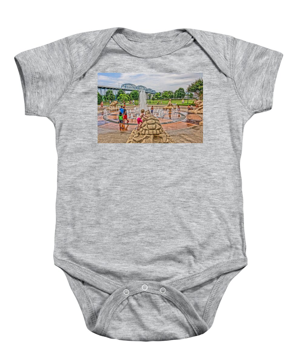 Chattanooga Baby Onesie featuring the photograph Coolidge Park Fountain by Tom and Pat Cory