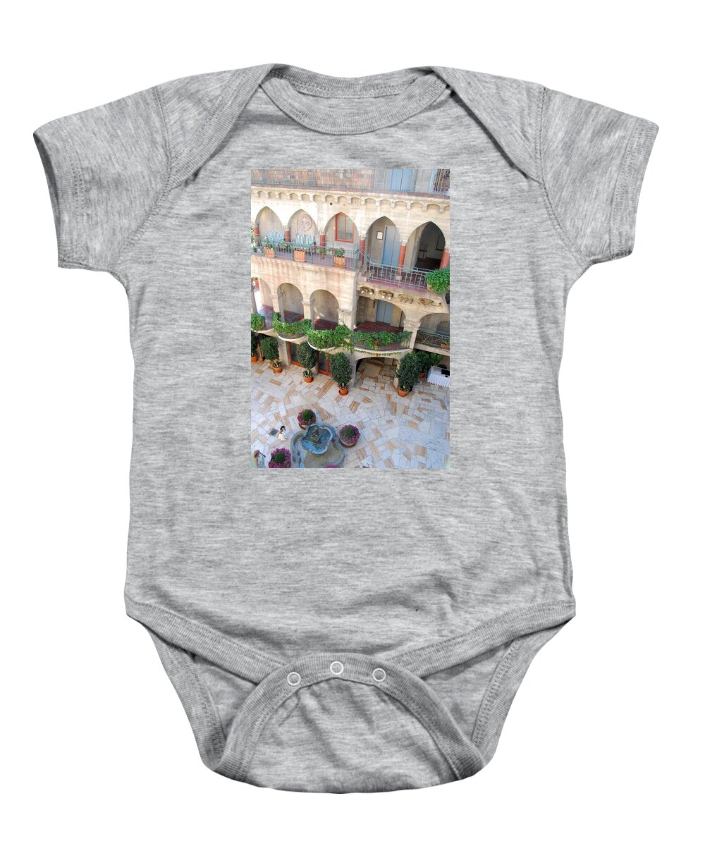Mission Inn Baby Onesie featuring the photograph Courtyard 2 by Amy Fose