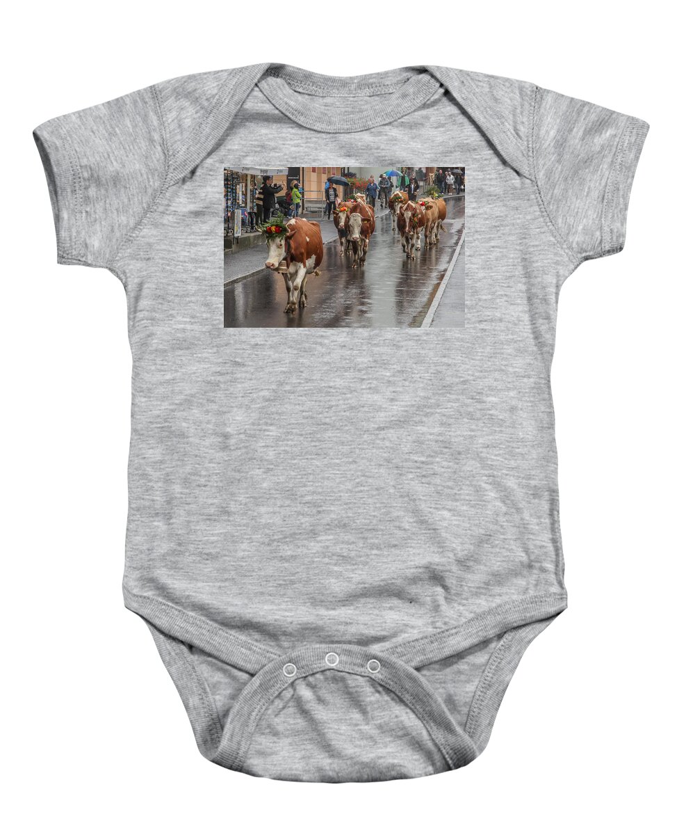 Cow Baby Onesie featuring the photograph Cows in Wengen Switzerland by Tom and Pat Cory