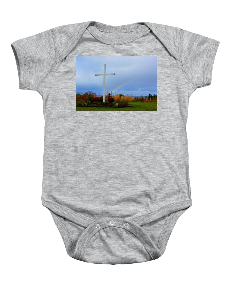 Cross Baby Onesie featuring the photograph Cross at the End of the Rainbow by Keith Stokes