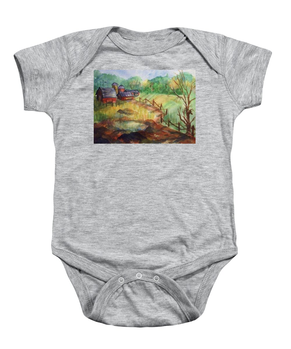 Barn Baby Onesie featuring the painting Down the Road a Piece by Ellen Levinson