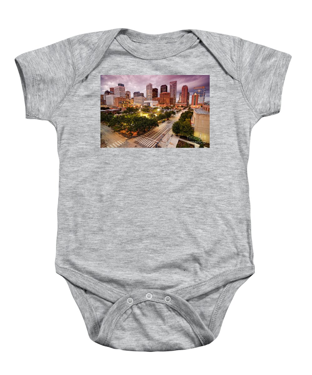 Downtown Baby Onesie featuring the photograph Downtown Houston Skyline during Twilight by Silvio Ligutti