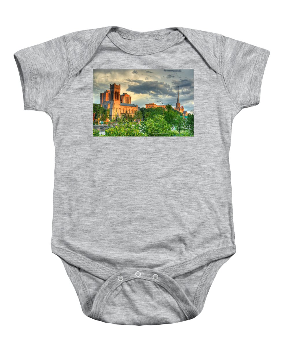 Downtown Minneapolis Baby Onesie featuring the photograph Downtown Minneapolis Skyline Saint Mark's Episcopal Cathedral by Wayne Moran