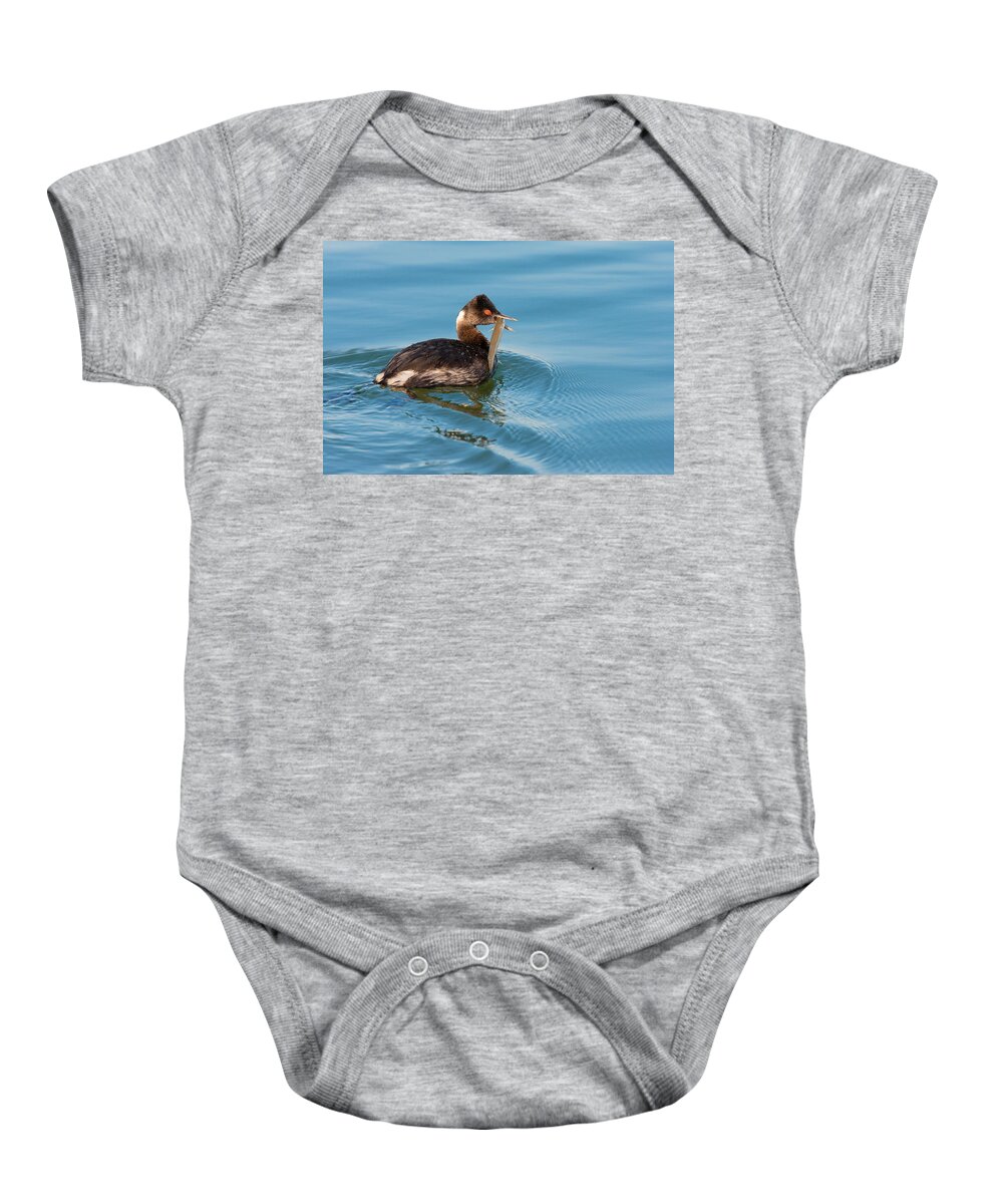 Eared Baby Onesie featuring the photograph Eared Grebe and Fish by Ram Vasudev