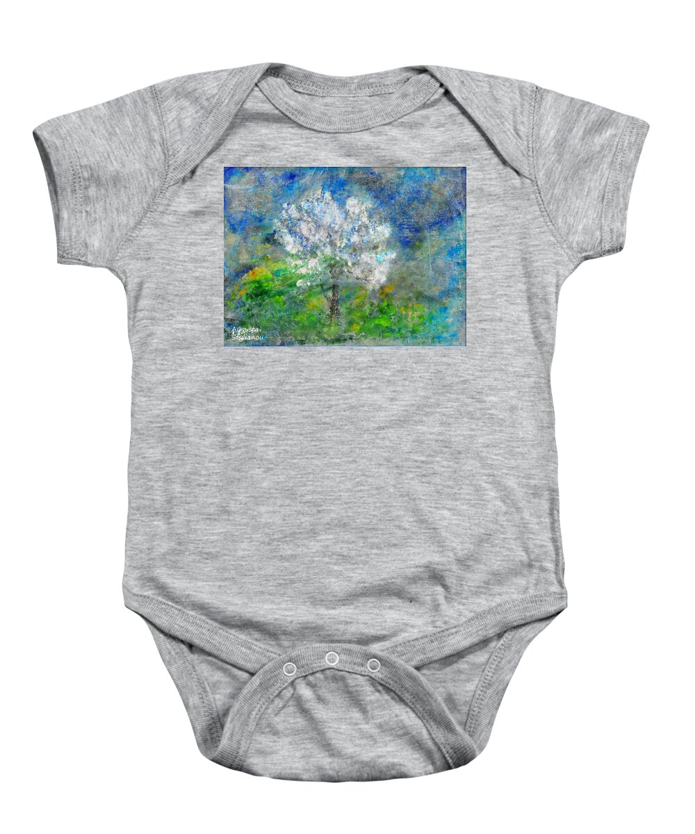 Augusta Stylianou Baby Onesie featuring the painting Ethereal Almond Tree by Augusta Stylianou