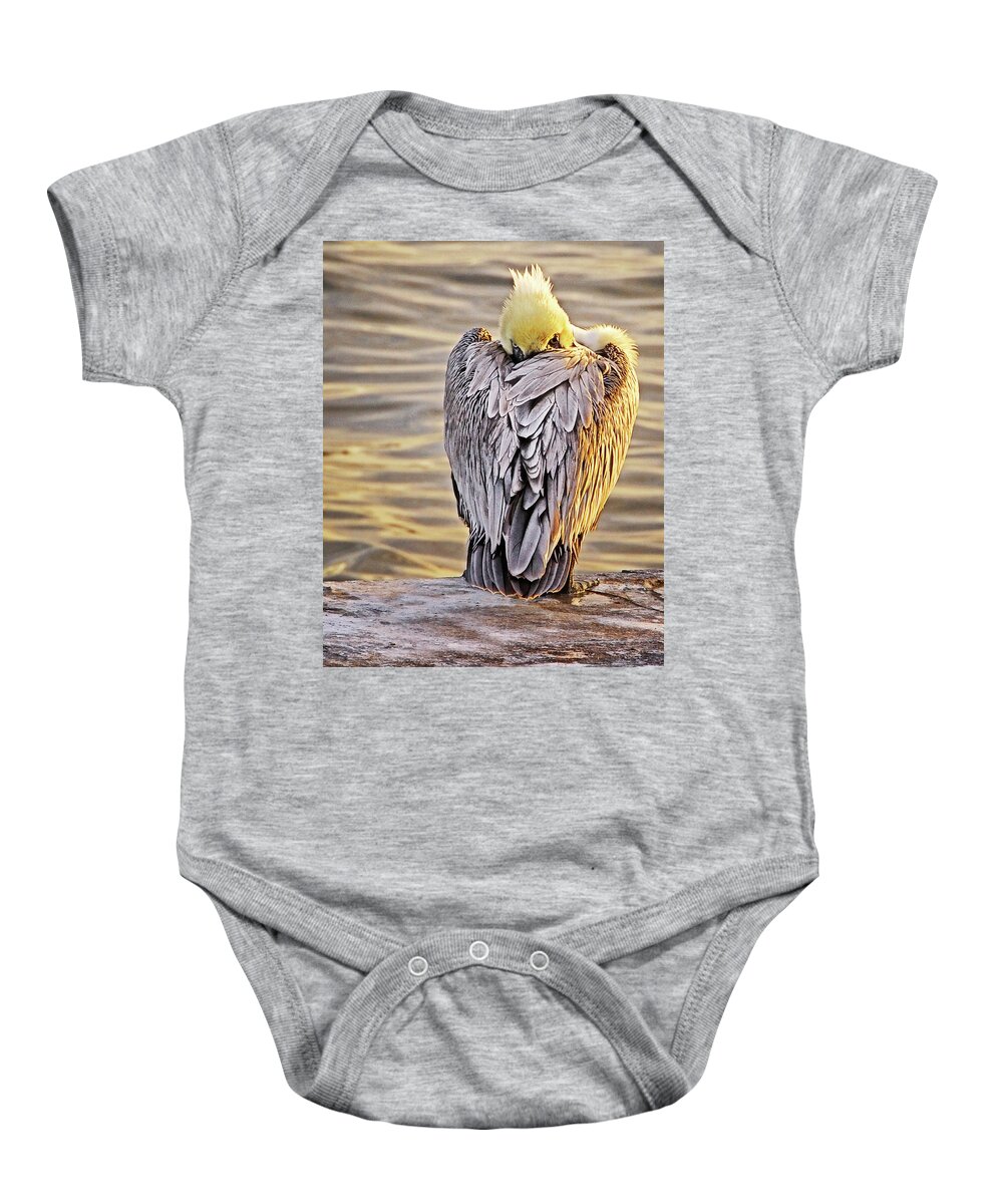 Brown Pelican Baby Onesie featuring the photograph Evil Eye Pelican by Peg Runyan
