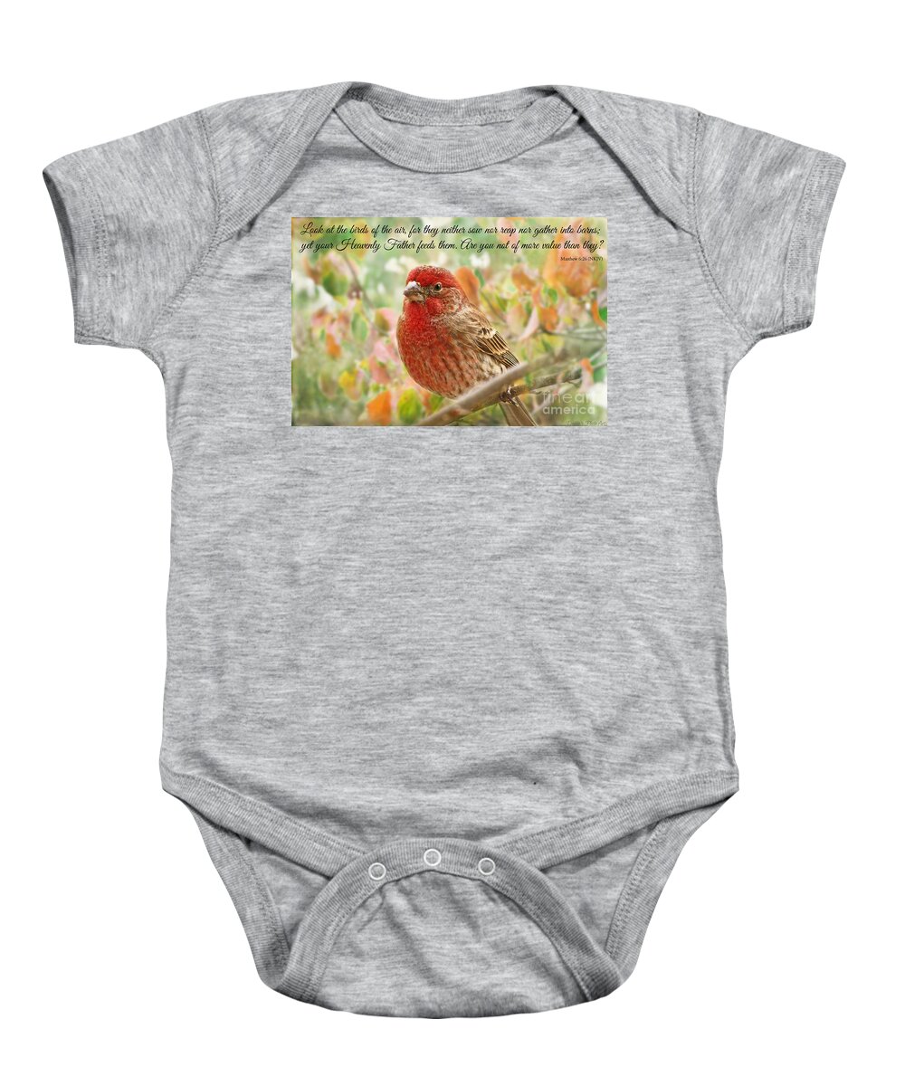 Finch Baby Onesie featuring the photograph Finch with verse NEW VERSION by Debbie Portwood